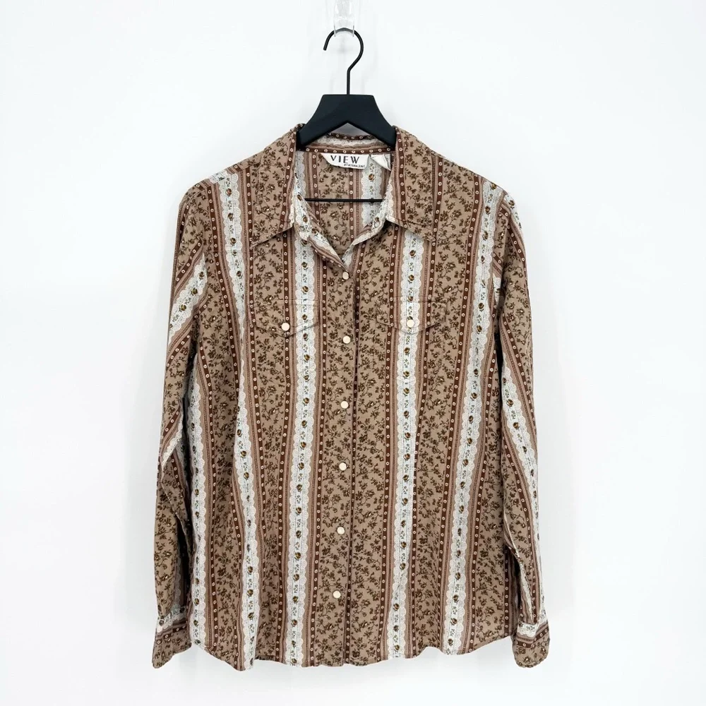 Vintage VIEW Cottagecore Floral Grannycore Snap Button Down Top Brown XL - Picture 1 of 10